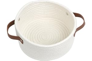 TOGOUS Small Woven Basket, Cute Mini Cotton Rope Storage Basket with leather handle, Tiny Decorative Round Storage Bin, Boho Empty Gift Baskets for Organizing, Toy Organizer for Nursery (Narrow handle)