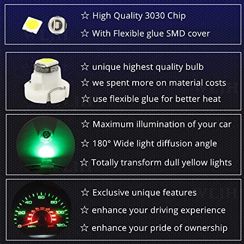 WLJH 10x Green T3 Neo Wedge Led 3030 SMD Chip 8mm Base Led Car Instrument Cluster Led Light Dashboard Gauge Bulb HVAC AC Heater Climate Control Lamps Radio Switch Indication Interior Bulb Replacement - Thumbnail 2