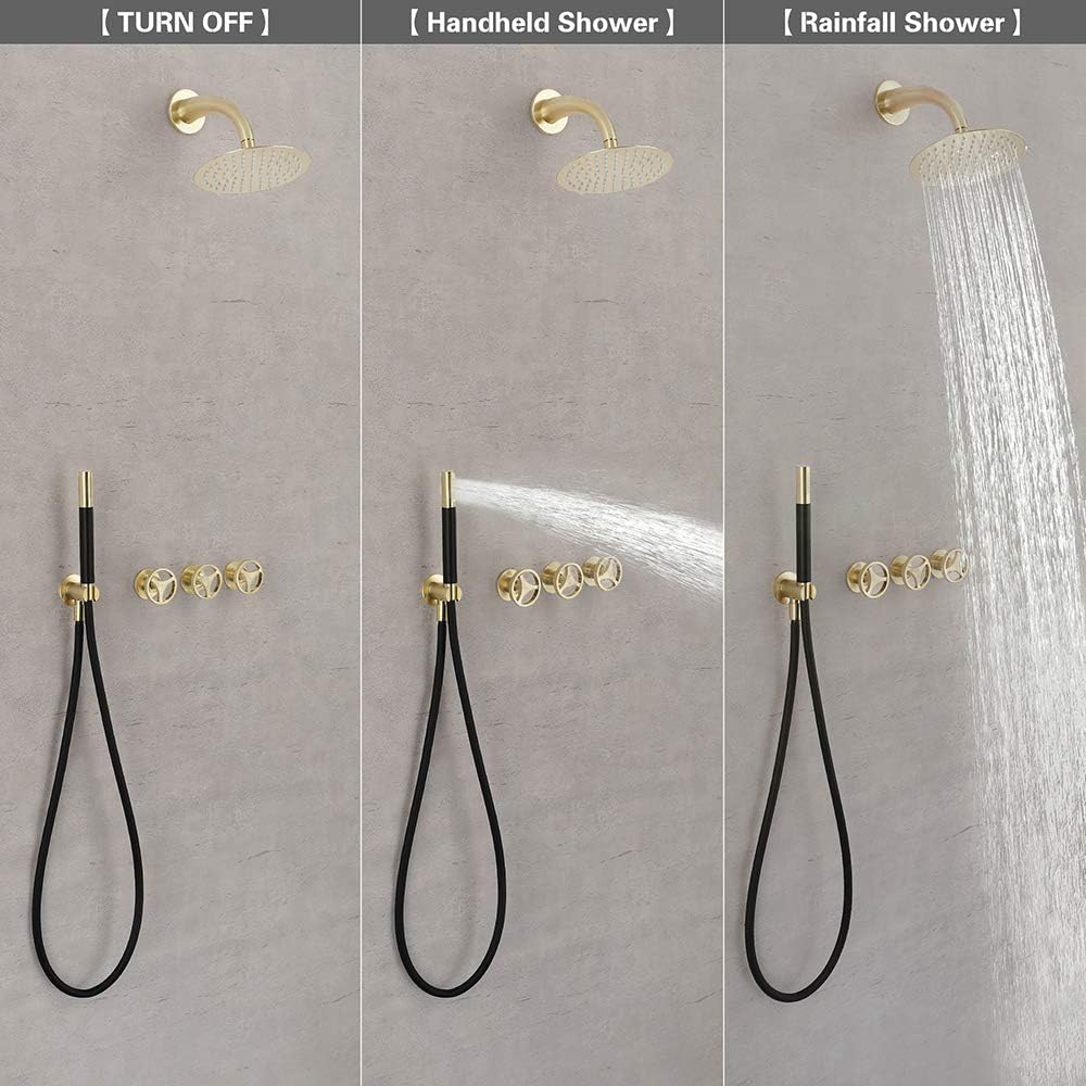 SKOWLL Bathroom Faucet Shower Set Rainfall Shower Faucet System Three Handle 8-Inch Rainfall Shower with Included Rough-in Valve Trim Kit, Brushed Gold Finished - - 