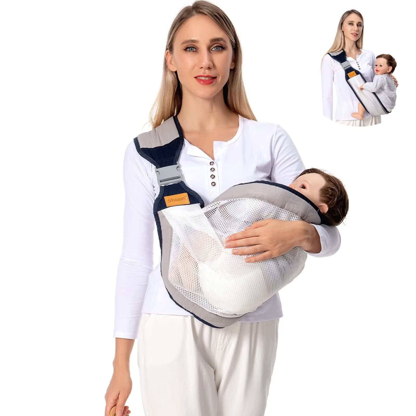 Photo 1 of Shiaon Baby Sling Carrier, Baby Carrier Newborn to Toddler(7-45lbs), Toddler Carrier with Safety Buckle, One Shoulder Adjustable Shoulder Strap, One Size Fits All, Mesh Grey