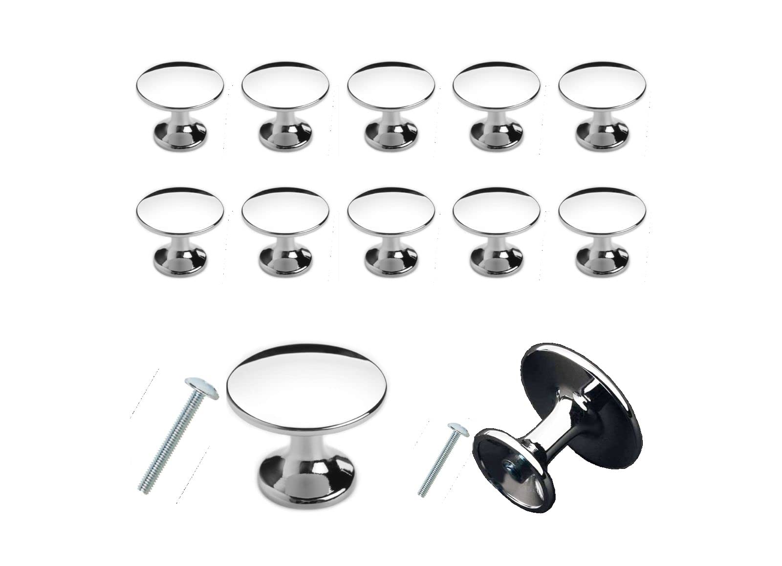MYA 10Pcs Chrome Door Knobs for Cupboards with 20Pcs of 25mm & 10mm Screws, Polished Chrome Cabinet Knobs, Kitchen Door Knobs with Screw, Drawer knobs, Dresser, Drawer Handles, (30mm, Polished Chrome)