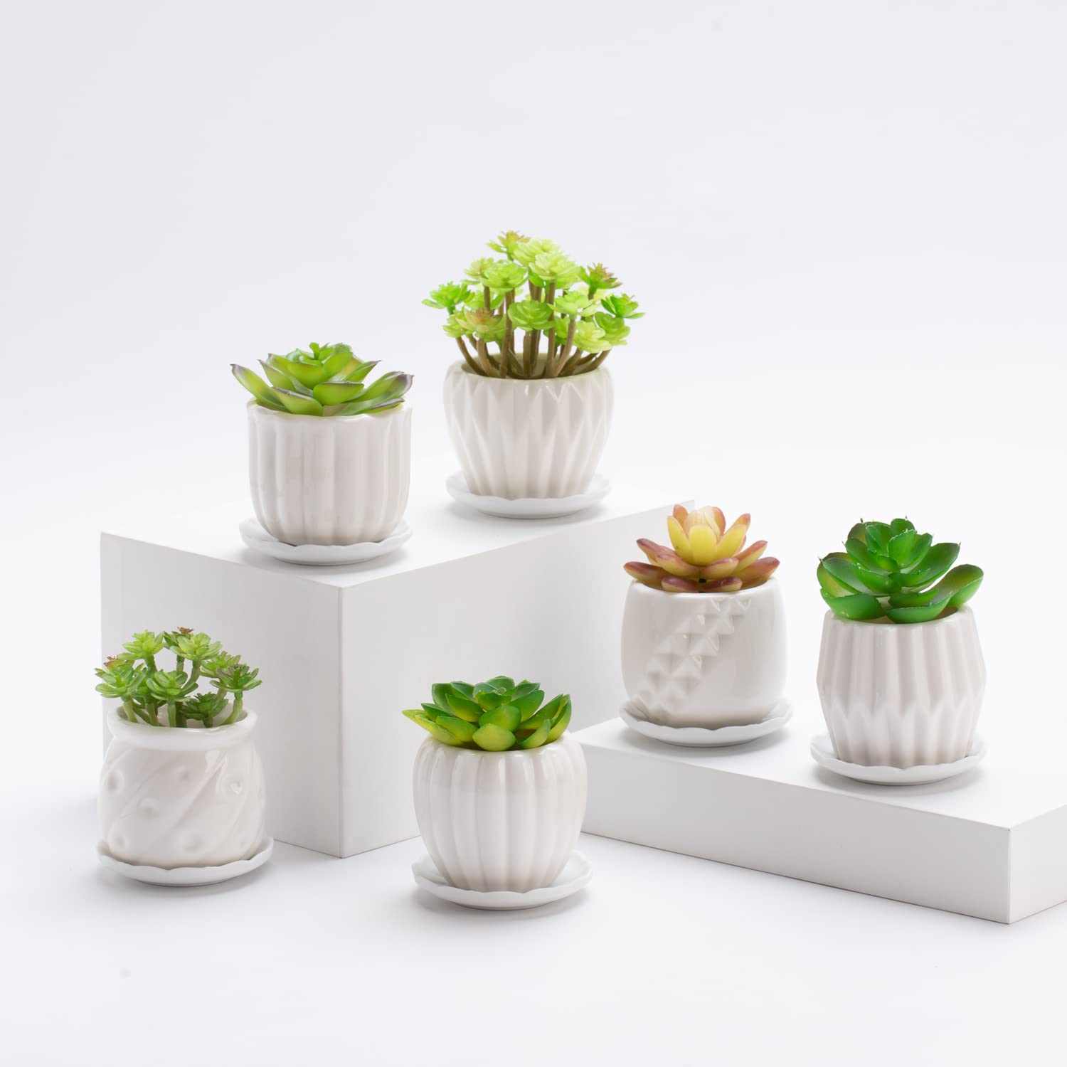 B SEPOR Set of 6 White Simple Porcelain Planters for Small Plant Pots Baby Succulent Cactus with Drainage and Saucer for Home Office Decoration Gift(White Stripes)