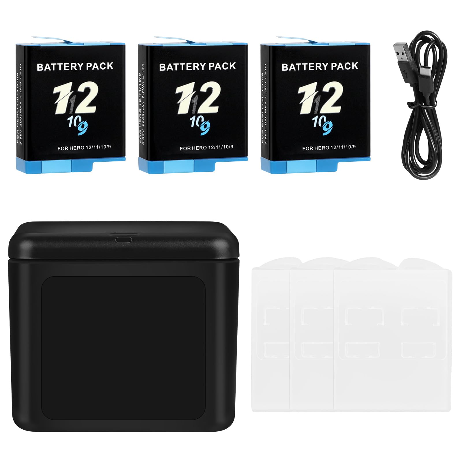 Battery Charger Kits for GoPro Hero 12 11 10 9 Black, 3-Pack 2000mAh Replacement Batteries + Triple Charge Case with Type-C Charging Cord for Go Pro 12 11 10 9 Official Batteries Accessories