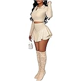 SweatyRocks Women's 2 Piece Skirt Sets Long Sleeve Crop Top and Ruffle Tiered Mini Skirt Set