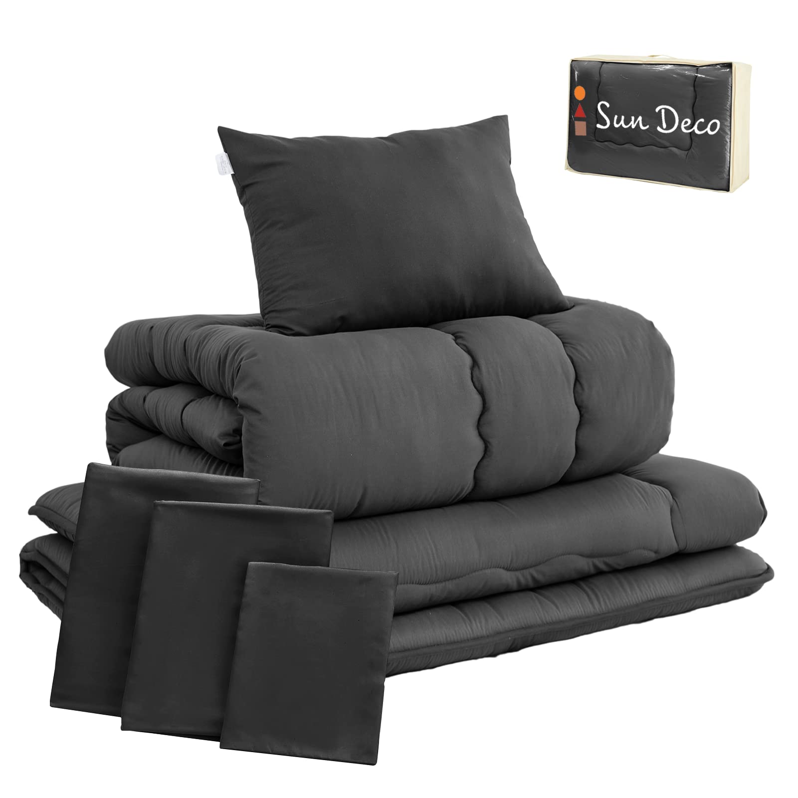Sun Deco 布団セット シングル 布団 7点セット 寝具セット 来客用布団【SEK認証】【マイティトップ中綿使用·敷き布団】防菌防臭 洗える 中綿約1.6kg 掛け布団 シングル 敷布団 枕 布団カバー3点 収納ケース付き ピーチスキン加工 オールシーズン 防カビ ブラック商品画像