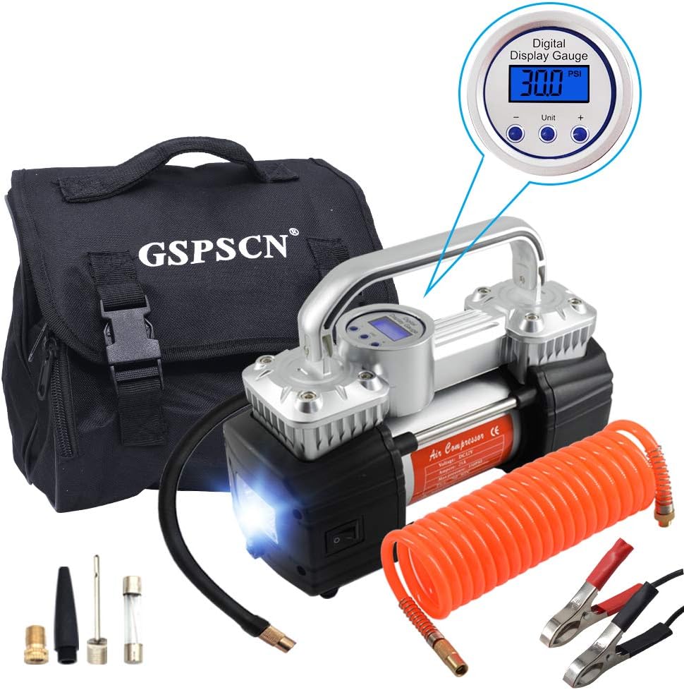 GSPSCN Portable Tyre Inflator,Heavy Duty Double Cylinders Air Compressor Tire Pump with LED Flashlight and LCD Digital Display Gauge 150PSI 12V 70L/Min