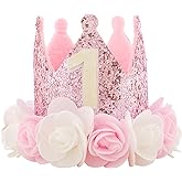 Kbrand Hat First Birthday 1st For Baby Girl Decoration Gifts Rose Gold Baby Pink Party Crown One Year Old Flowers Princess Pink 3inch