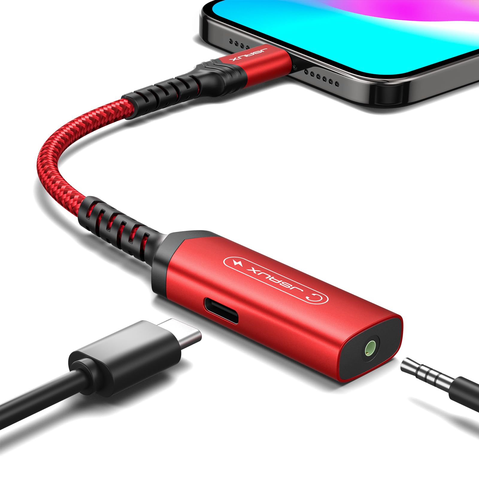 Photo 1 of JSAUX USB C to 3.5mm Headphone and Charger Adapter,2-in-1 AUX Mic Jack with PD 60W Fast Charging Compatible with iPhone 15 Pro Max/15 Pro/15, Galaxy S24/S24+/S24 Ultra/S23/S22/S21,iPad Pro-Red