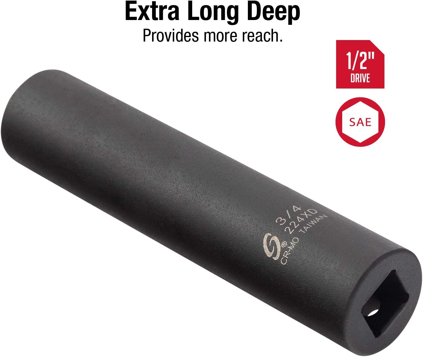 Sunex 224XD, 1/2 Inch Drive, 3/4 Inch Extra Long Deep, Impact Socket, Cr-Mo Alloy Steel, Radius Corner Design, Dual Size Markings: Home Improvement