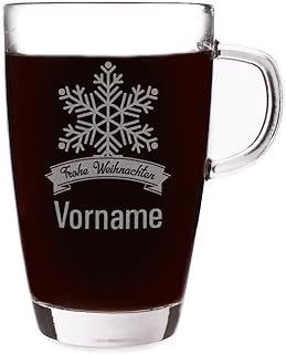 Herz & Heim® Glühweinglas mit Gravur eines Schneekristalls und Ihrem Wunschnamen - Geschenkidee zu Weihnachten