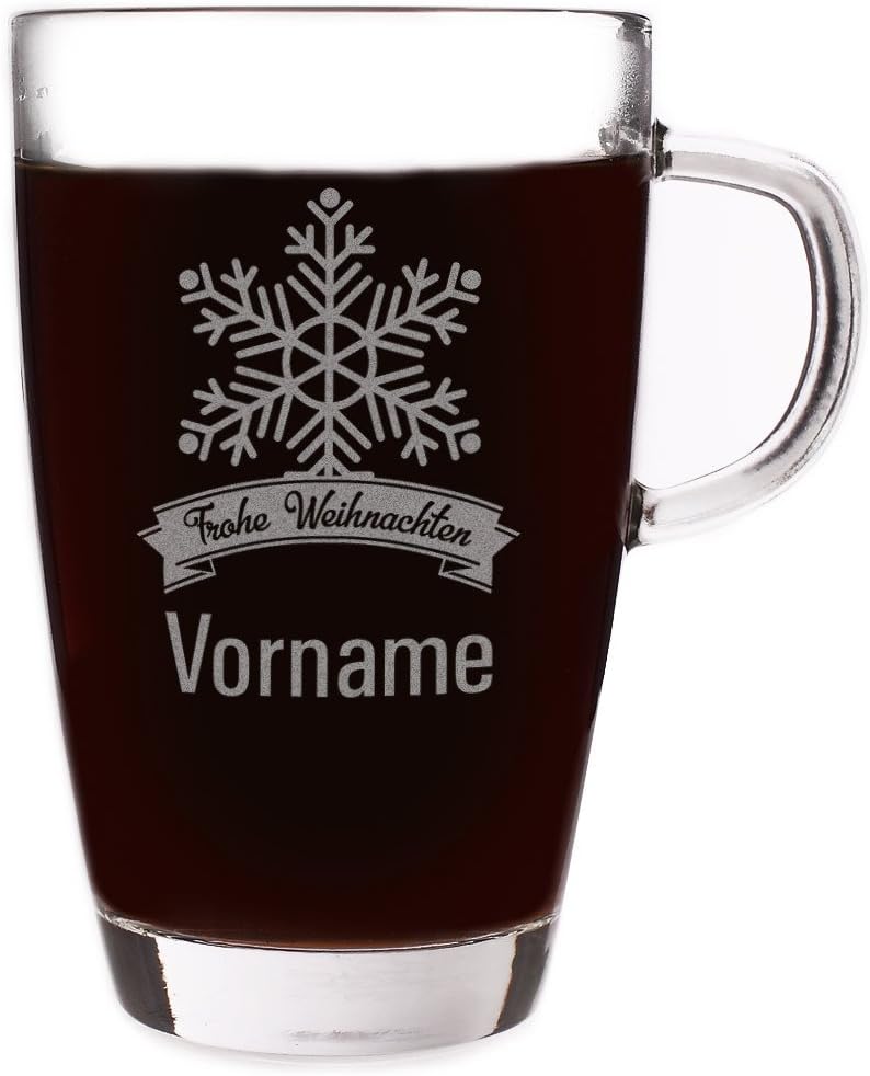 Herz & Heim® Glühweinglas mit Gravur eines Schneekristalls und Ihrem Wunschnamen - Geschenkidee zu Weihnachten