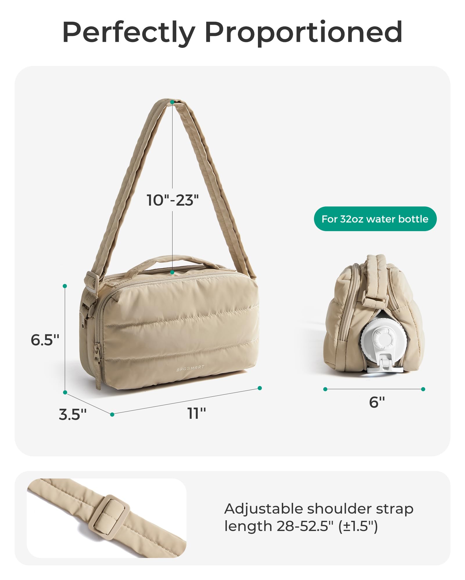BAGSMART Travel Crossbody Purses for Women, Small Water Bottle Cross body Bag, Puffy Hobo Handbag with Water Bottle Pocket