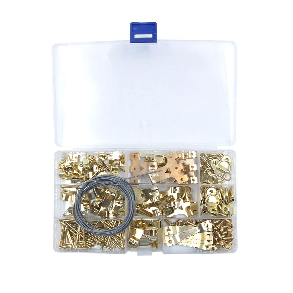Tiardey 250pcs Picture Hanging Hooks Kit,Picture Hanging Tool,Picture Hanging Hardware,Portable Picture Frame Assortment Kit for Frames,Clocks,Mirrors,Artworks - Gold