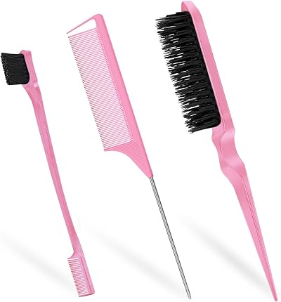 soodyoow 3-in-1 Slick Back & Edge Brush Set Pink, Hair Brush & Comb