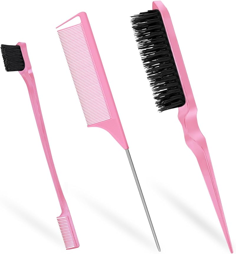 soodyoow 3-in-1 Slick Back & Edge Brush Set Pink, Hair Brush & Comb
