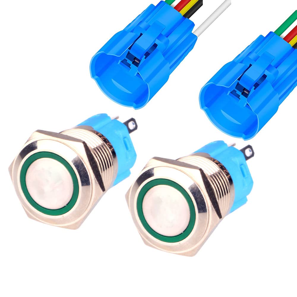 Gebildet 2 Pieces 0.63 Inch/16mm Stainless Steel Momentary Push Button 12V-24V 5A LED 1NO1NC SPDT ON Off Waterproof with Wire Socket Plug (Green LED)