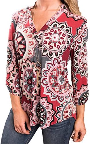 LISTONE Women's v-neck 3/4 Sleeve tops Retro floral print cuffed Sleeve casual shirt red-S