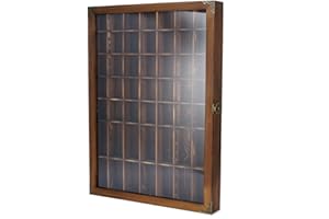 Tcatec Lockable Shot Glass Display Case Rustic Wood Shot Glasses Holder Wall Mounted Bar Cabinet 49 Compartments Shot Glass Shelf Collection Display Stand,Hinged Acrylic Door (Brown, 1 Pcs)