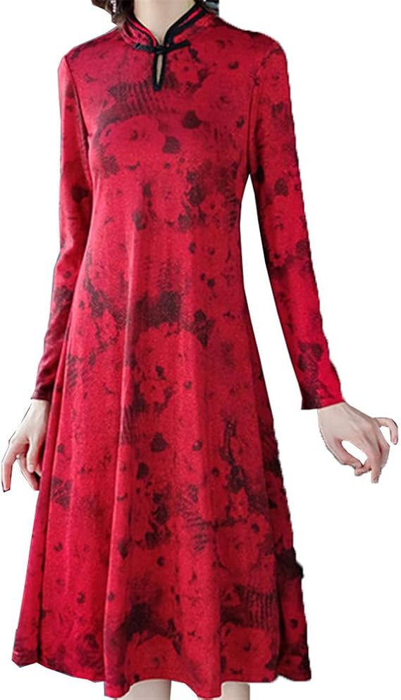 Amazon 美しいです レトロスリムチャイナドレス秋服ベース長い長いサイズの大きなファッションドレス女性 ワンピース チュニック 通販