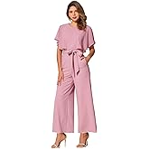 Allegra K Ruffle Sleeve Jumpsuit for Women's Dressy Casual Tie Waist Wide Leg Pants Outfits with Pockets
