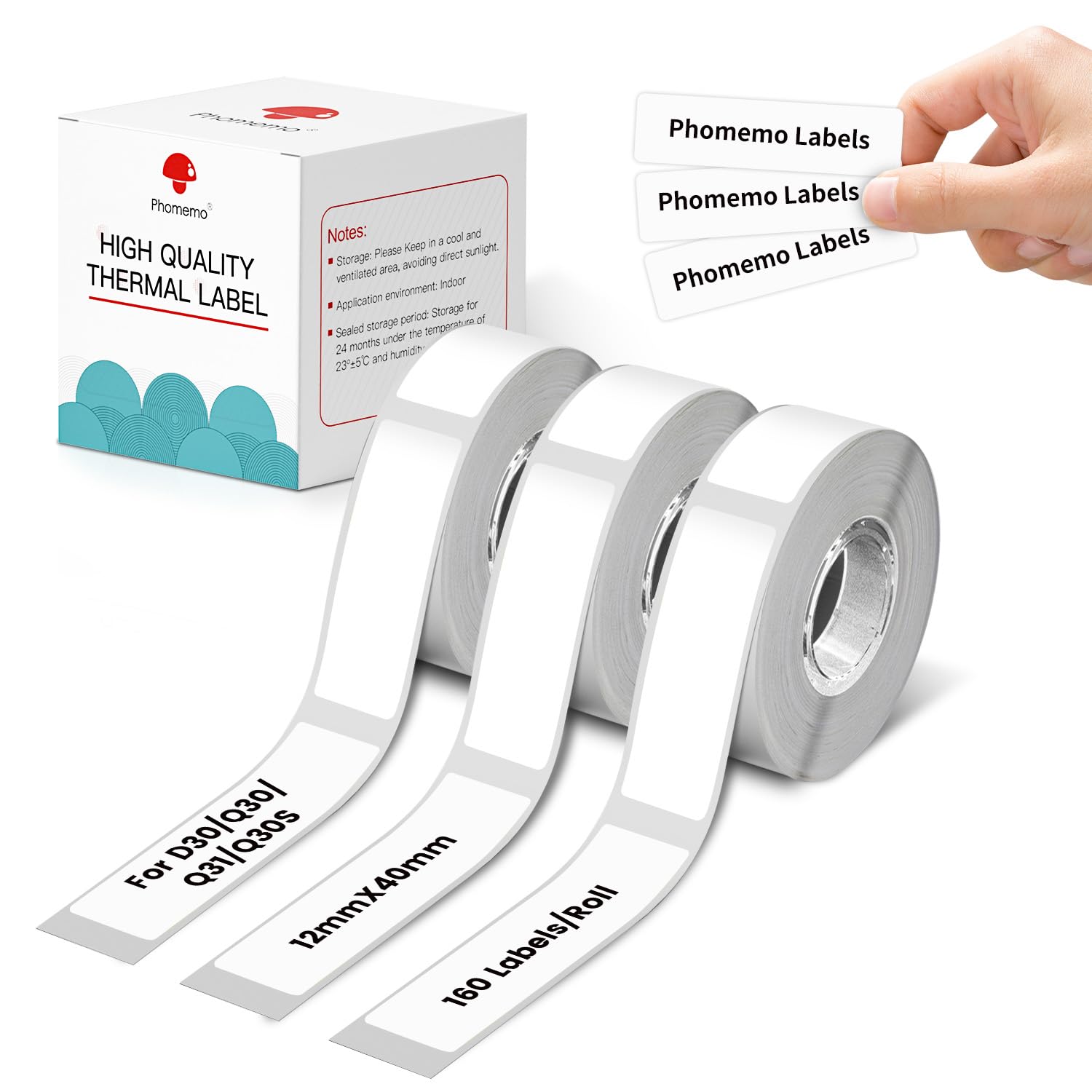 Phomemo 3 Rolls of D30 Labels, 12 mm × 40 mm (1/2 x 5/8 inch), D30 Multifunctional Thermal Adhesive Label, Compatible with PhomemoD30 Label Printer, Suitable for Home, Office, School, 160 / Roll