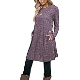 Poetsky Womens Tunic or Tops to Wear with Leggings Long Sleeve Side Buttons Swing Casual Long Shirts with Pockets S-3XL