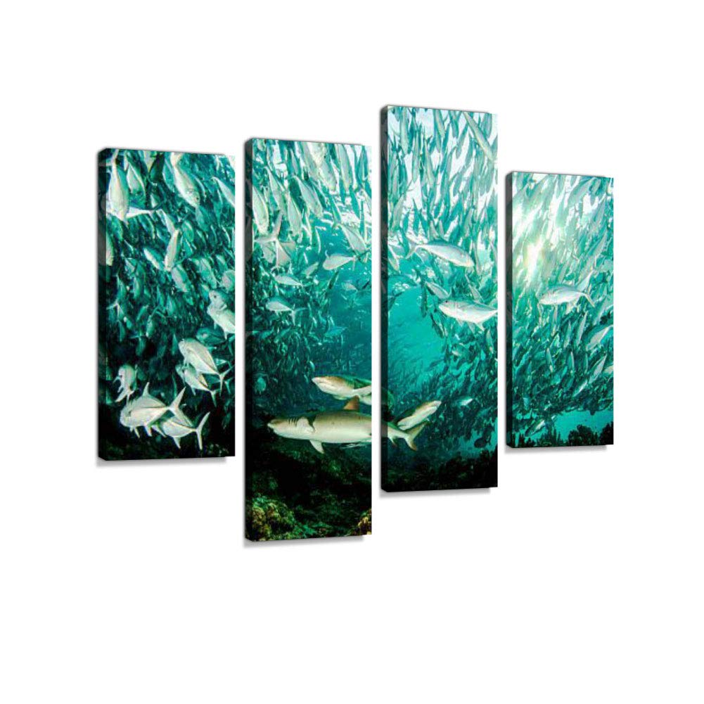 Shark Attack Canvas Wall Art Hanging Paintings Modern Artwork Abstract Picture Prints Home Decoration Gift Unique Designed Framed 4 Panel