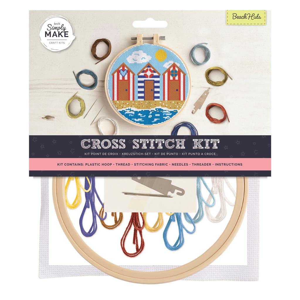 Simply Make Cross Stitch Kit - Beach Huts Design for Kids and Adults, Including Hoop, Embroidery Thread, Fabric and Needle - Perfect for Adult Crafts and Beginners - Starter Cross Stitch Craft Kit — image 1