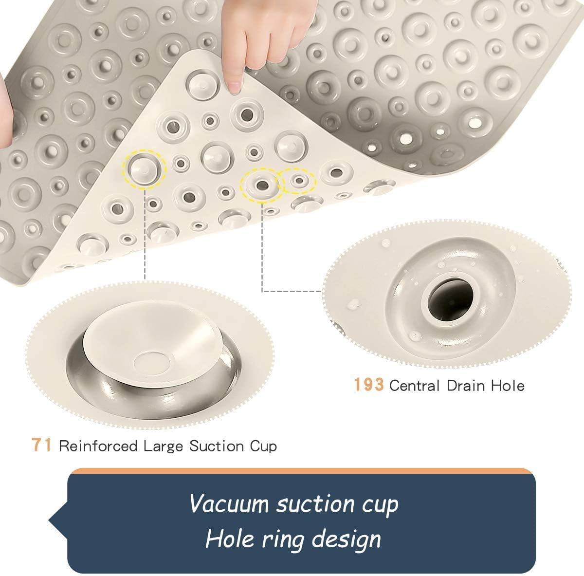 Bsicpro Bath Tub Shower Mat Non-Slip Bath Mat for Tub and Shower 35"x16"Upgrade Reinforced Large Suction Cups and Circle Hole Massage Enlarged Design of Central Drain Hole (Beige): Kitchen & Dining