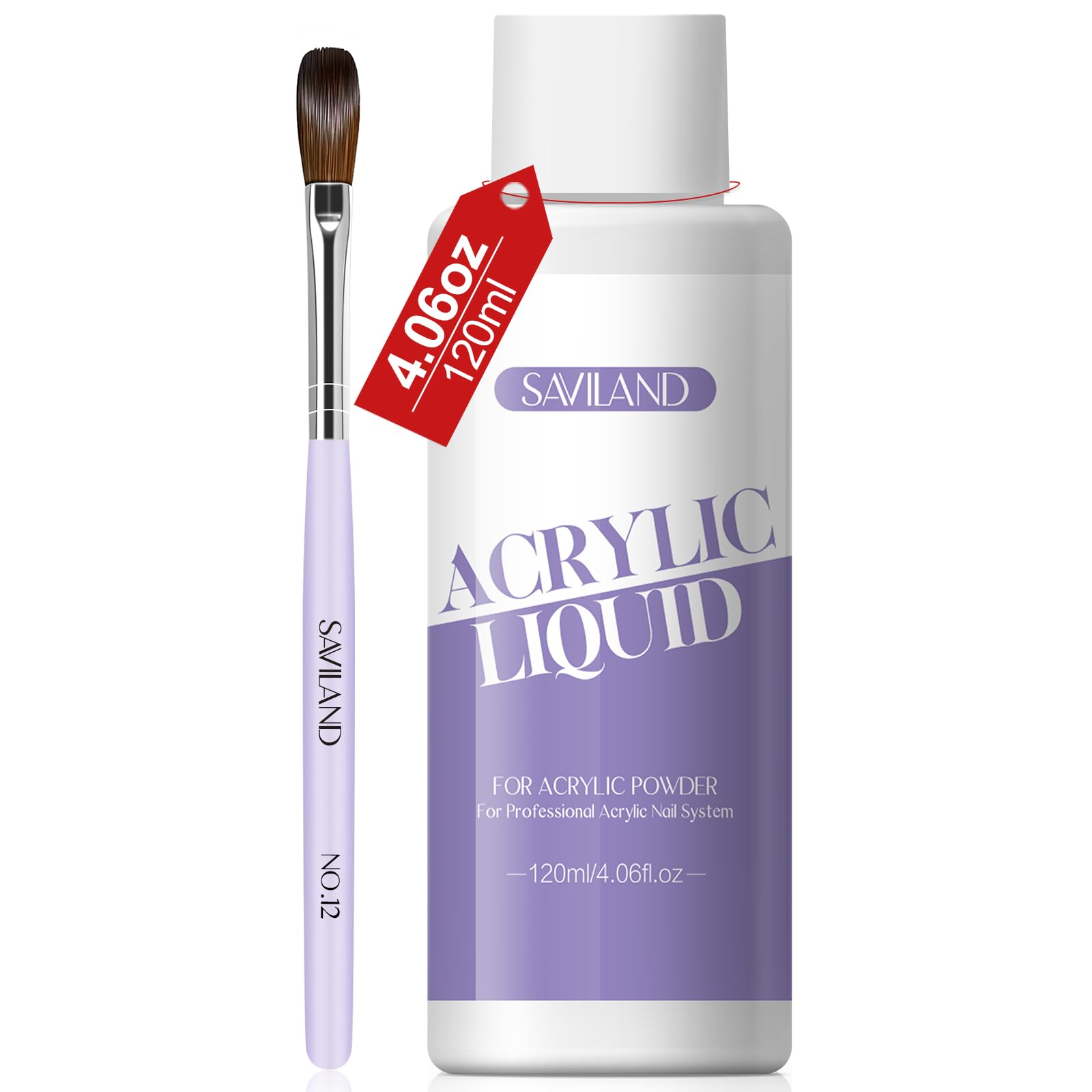 Saviland 120ml Acrylic Liquid with Acrylic Brush– Monomer for Acrylic Nails with Acrylic Nail Brush 12# MMA-Free Non-Yellowing Formula Acrylic Monomer Liquid for Acrylic Powder Nail Extension &Carving