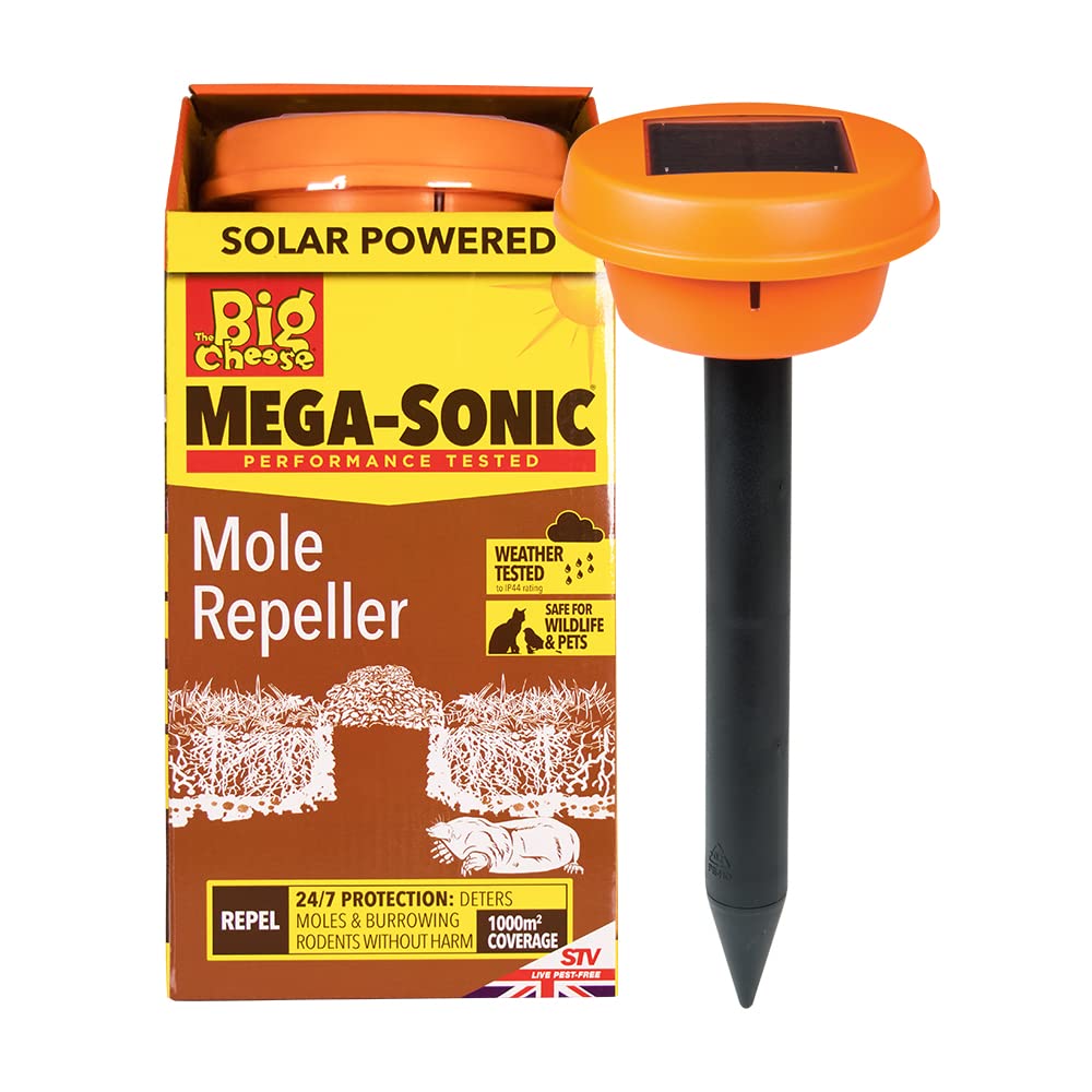 The Big Cheese Hi-Vis Mega-Sonic Solar Mole Repeller Spike. Solar Powered Weather-Resistant Mole Deterrent for Continuous Protection of Lawn and Garden Areas, Orange