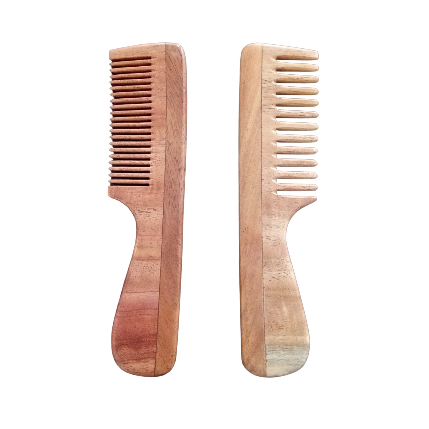 Set of 2 Neem Wood Combs with Handle | Wide Tooth & Fine Tooth Natural Wooden Comb | Organic, Eco-Friendly Hair Comb for Men & Women