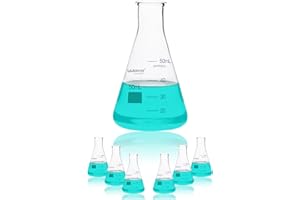 LABINVO 50ML Glass Erlenmeyer Flask, Narrow Mouth Graduated Conical Flask with Marking Spot, 6pcs of 3.3 Borosilicate Glass Flask Set, IN-EFN50