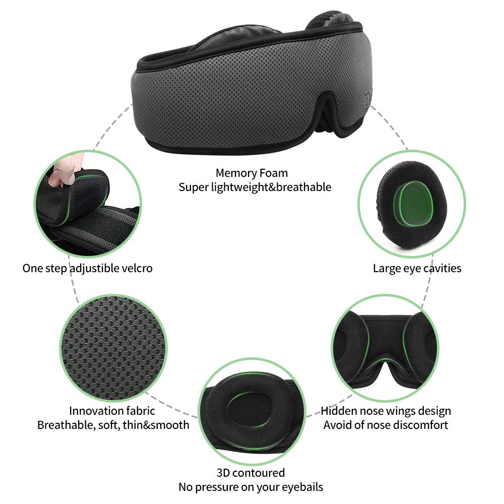 Eye Mask, 3D Silk Sleep Mask Cover with Breathable Memory Foam, Anti-Slip Back Gel Adjustable Strap for Men, Women, Kids