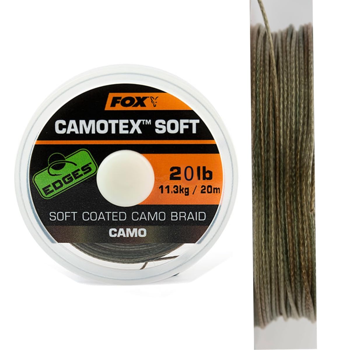 Fox Camotex Soft Coated Camo Braid 20 m - Leader Cord, Load Capacity: 20 lbs/9.1 kg