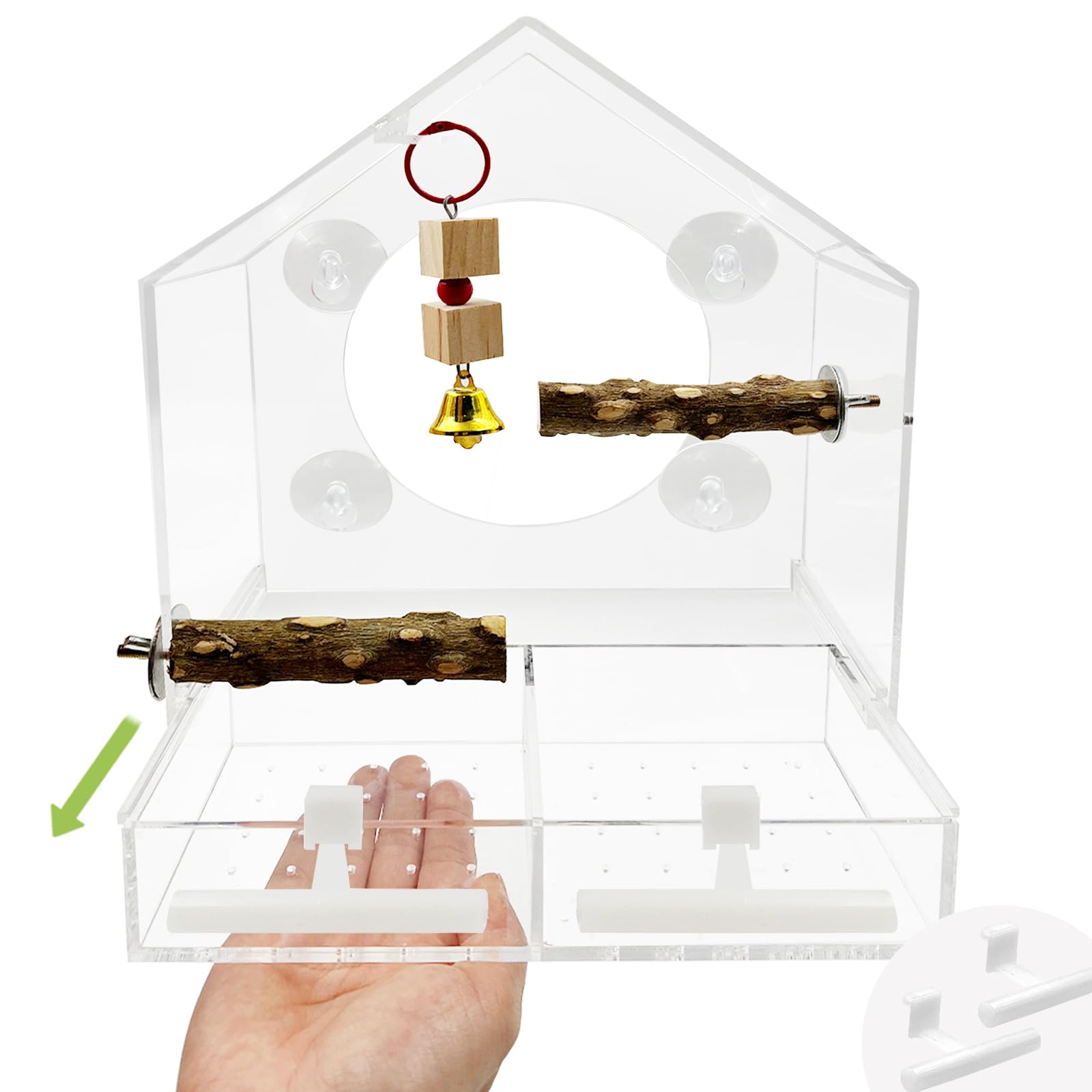 SNAIL GARDEN Extra Large Window Bird Feeder with 1pcs Nibbling Wood Strings&2pcs Pepperwood Standing Stakes,Bird House Feeder with removable Seed Tray,Acrylic Suction Bird Feeder (23×22×10cm)