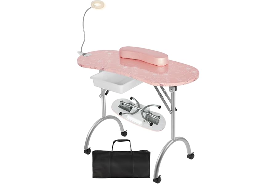 Whalefall Portable Manicure Nail Table, Foldable Manicure Table with Drawer, LED Lamp, 4 Lockable Wheels and Carry Bag, Professional Nail Desk with Wrist Cushion (Pink,30″ H)