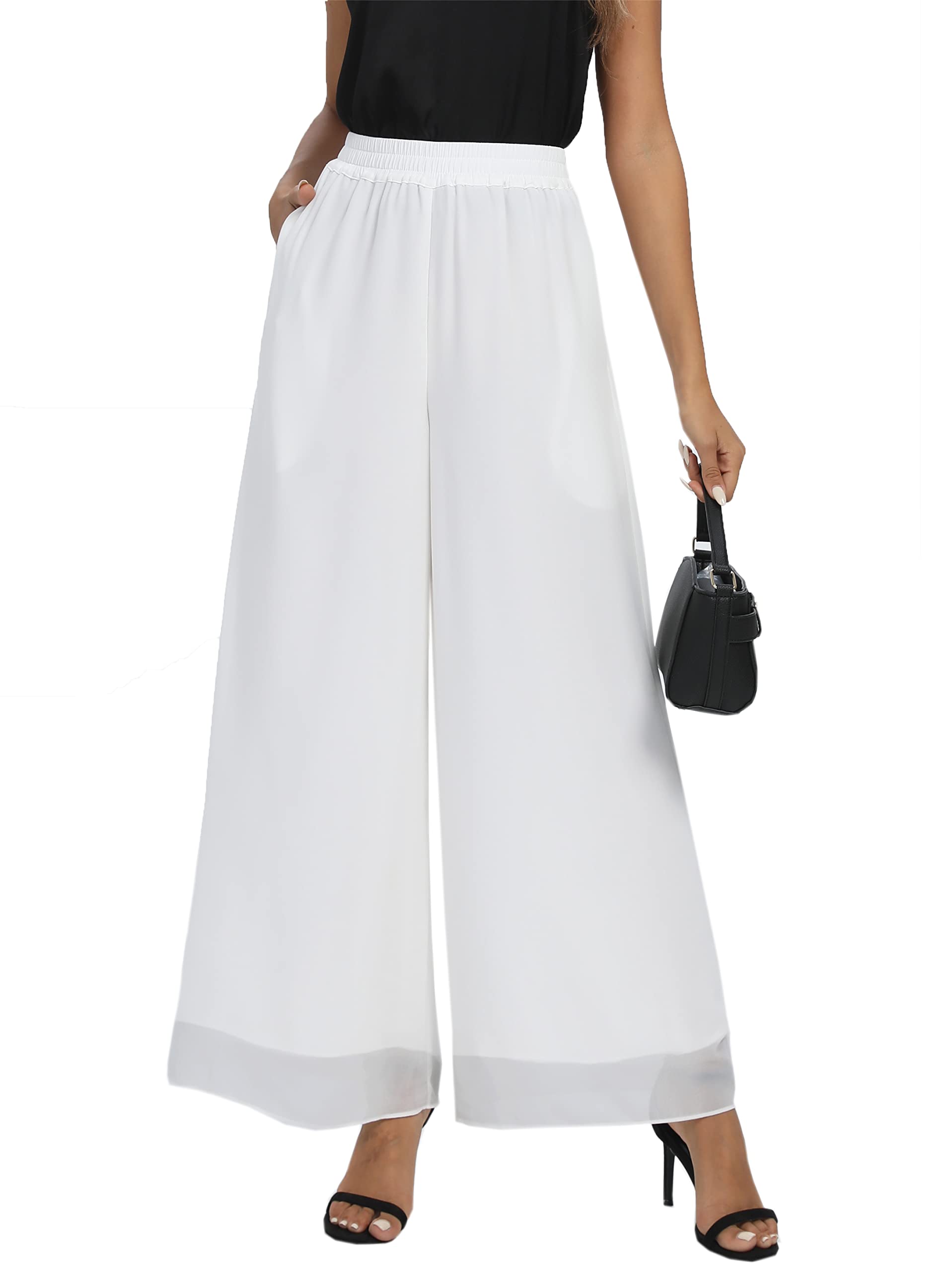 Photo 1 of heipeiwa Women's Chiffon Dress Beach Wide Leg Palazzo Pants Elastic Waist Trouser