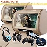 XTRONS Beige 2 X 9 Twin Car Headrest DVD Player Pillow HD Touch Screen Monitor MP3 Game Disc IR Headphones