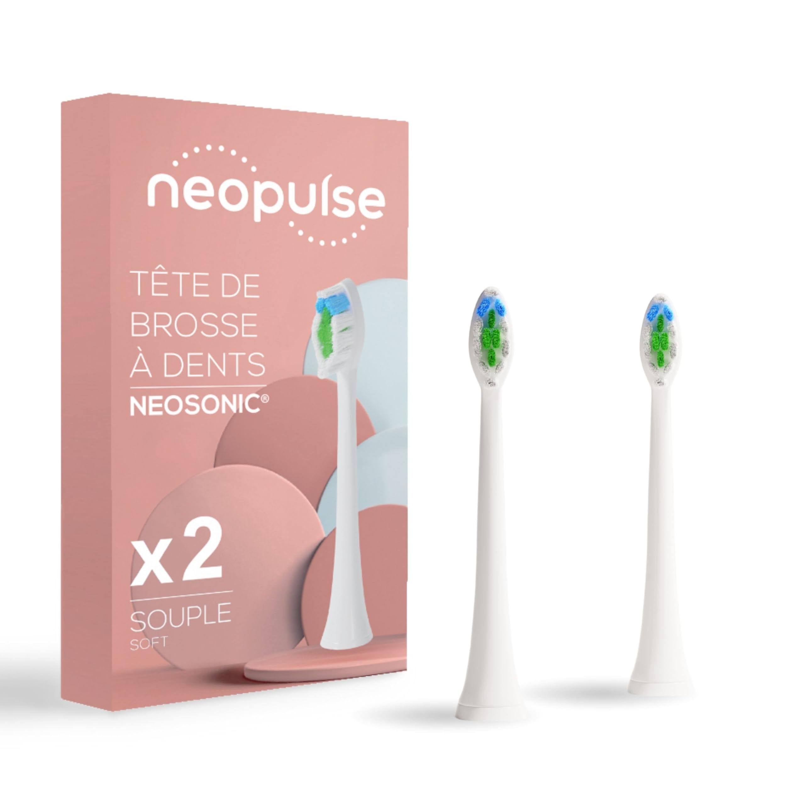 NEOPULSE® - Pack of 2 White Nylon Soft Brush Head Refills for NEOSONIC® Sonic Electric Toothbrush - NEOKIDS® Compatible - 3D: Short and Long Strands - Wear Indicator