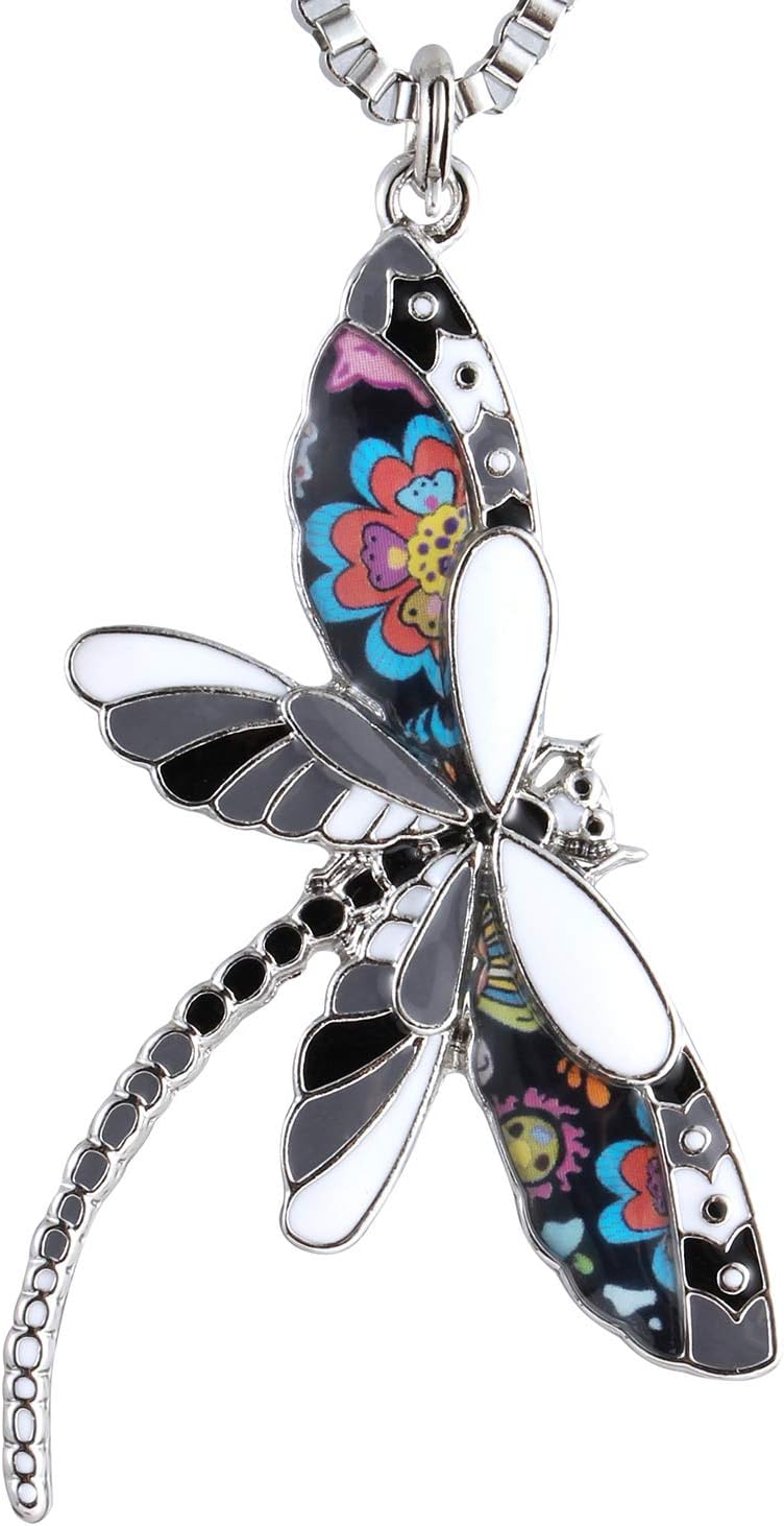 Luckeyui Unique Dragonfly Necklace for Women Multicolor Enamel Insect Jewelry Pendants