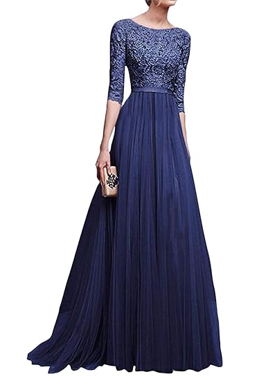 Minetom Damen Elegant 3/4 Ärmel Kurzarm Brautjungfern Kleid Floral Spitzen Abendkleid Dress Maxikleid Lang Tüllkleid Ballklei