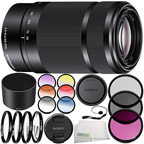Sony E 55-210mm f/4.5-6.3 OSS Lens (Black) 10PC Accessory Bundle - Includes 3PC Filter Kit (UV + CPL + FLD) + 4PC Macro Filter Set (+1,+2,+4,+10) + More