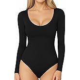 MANGOPOP Long Short Sleeve Bodysuits for Women Scoop Neck Ribbed Body Suit Stretchy Basic T Shirt Tops