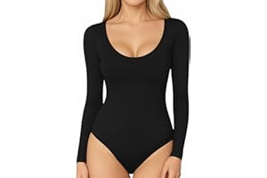 MANGOPOP Long Short Sleeve Bodysuits for Women Scoop Neck Ribbed Body Suit Stretchy Basic T Shirt Tops