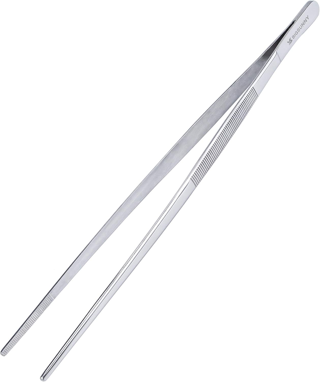 BIGSUNNY 12 Inch Stainless Steel Food Tweezer, Precision Serrated Tips Food Tongs