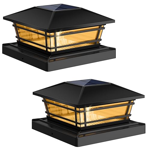 Kipeini Solar Post Cap Lights Outdoor 2Pack [LED Bulb, 2 Brightness Setting] Fence Post Solar Lights Waterproof for 4x4 5x5 or 5.5x5.5 Wood Posts, Warm Bright Bulb Lighting for Garden Deck Yard