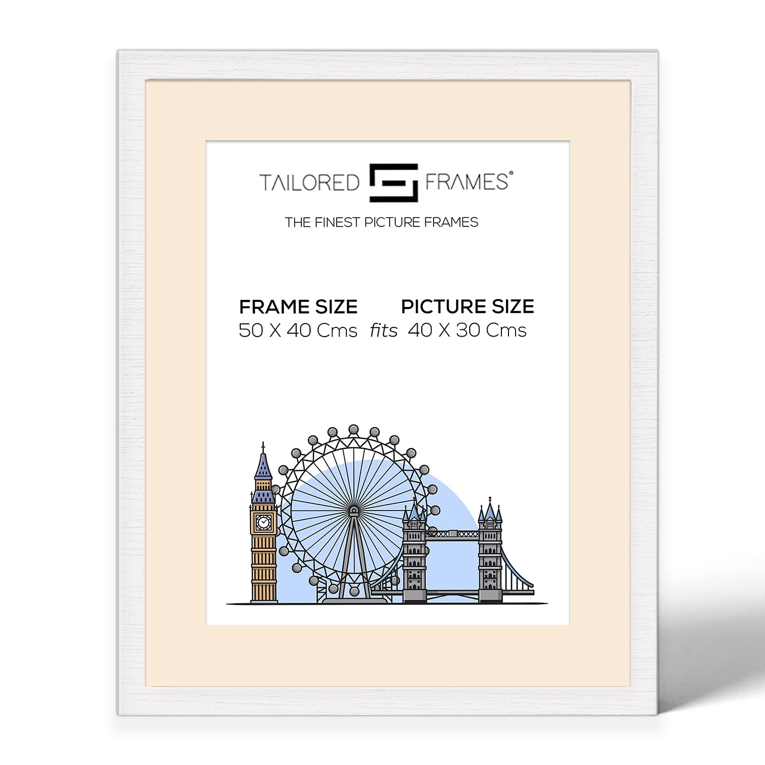 Tailored Frames Seattle White 50 x 40Cm Frame for 40 x 30Cm Picture | Single Picture Frames | Wall Hanging Type | Photo Frame With Antique Mount