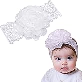 Yheahin White Lace Christening Headband for Baby Girl Soft Cotton Flower Baptism Toddler Elastic Hairband Bow Newborn Infant Hair Accessories for Birthday Party (White 3, Standard size)