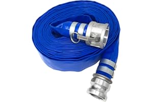 Gloxco 2" x 100′ Blue Lay Flat PVC Hose Assembly with Aluminum Cam and Groove C and E Fittings used with a Sump Pump or Water Transfer Pump for Water Discharge, Pool Drain or Backwash